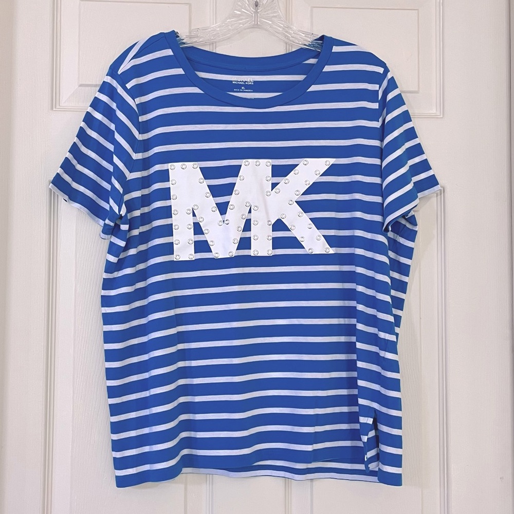 Michael Kors Blue and White Stripe Grommet Embroidered Icon Modal Tee, Size XL